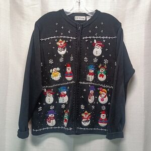 BP Designs‎ Black Snowman Christmas Cardigan Womens L Sweater 90s Full Zip Knit